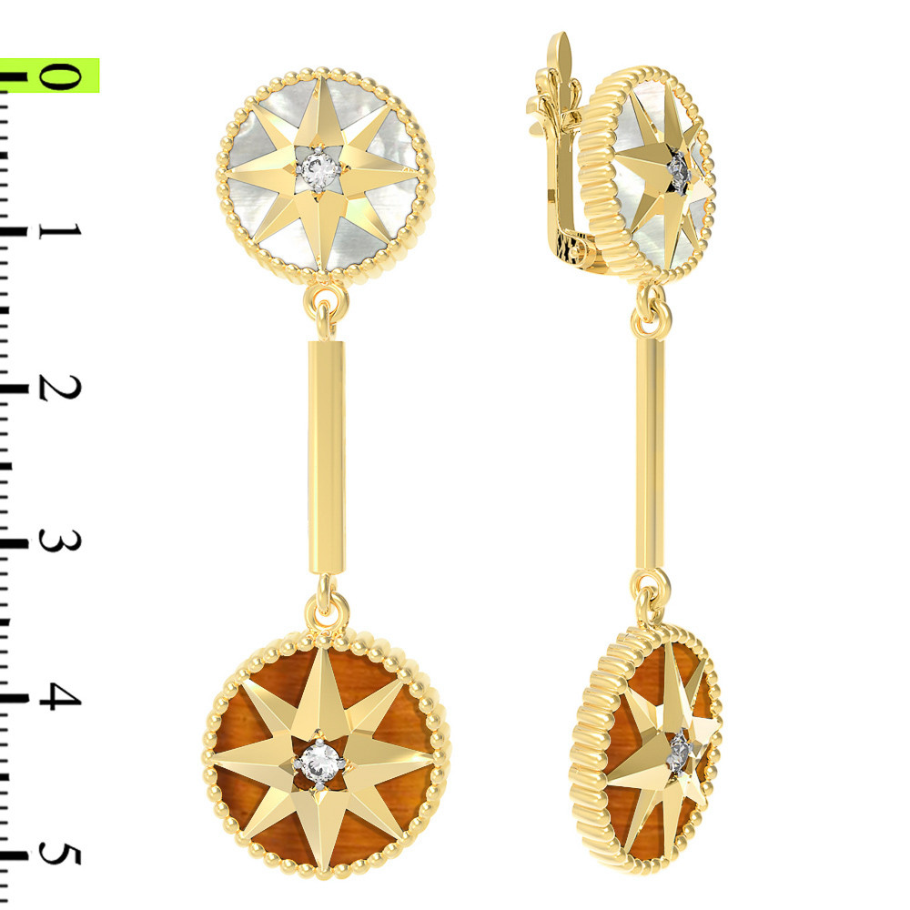 Серьги из лимонного золота c фианитом, тигровым глазом и перламутром