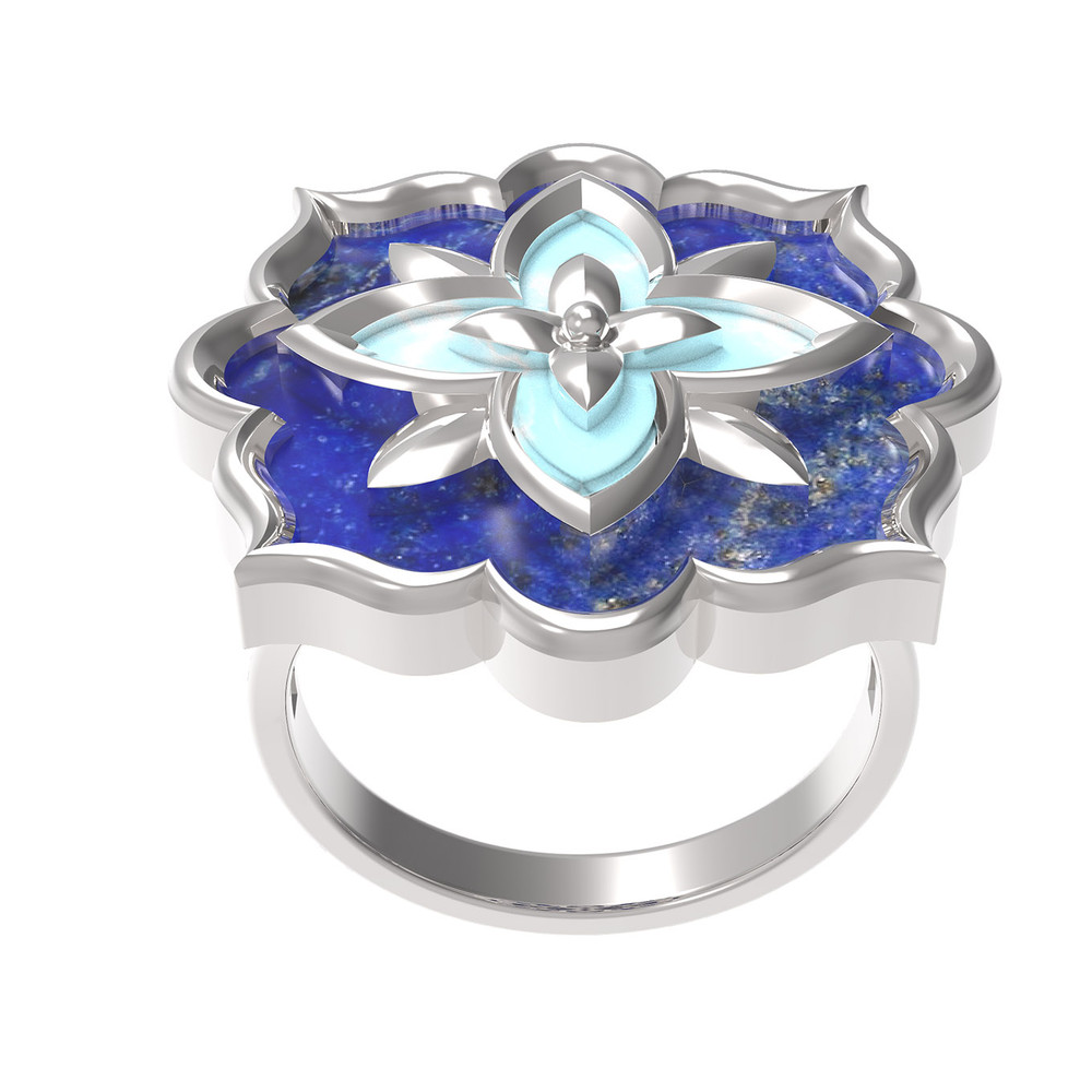 Кольцо из белого золота c бирюзой и лазуритом