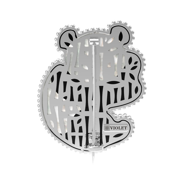 Брошь из белого золота c эмаль , ониксом и перламутром