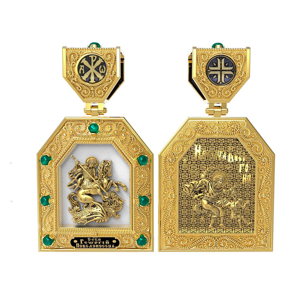 Образок из лимонного золота c эмаль и хризопразом