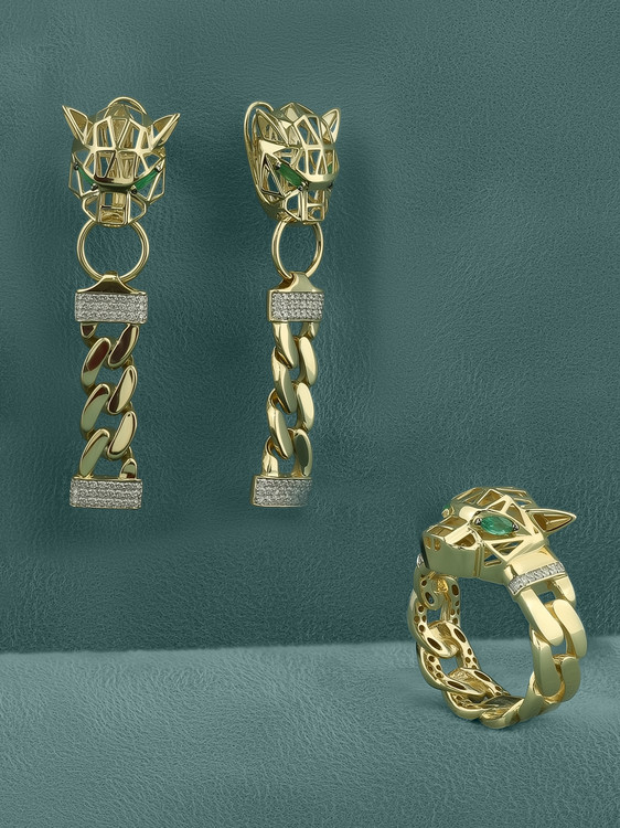 Кольцо из лимонного золота c бриллиантами и изумрудом