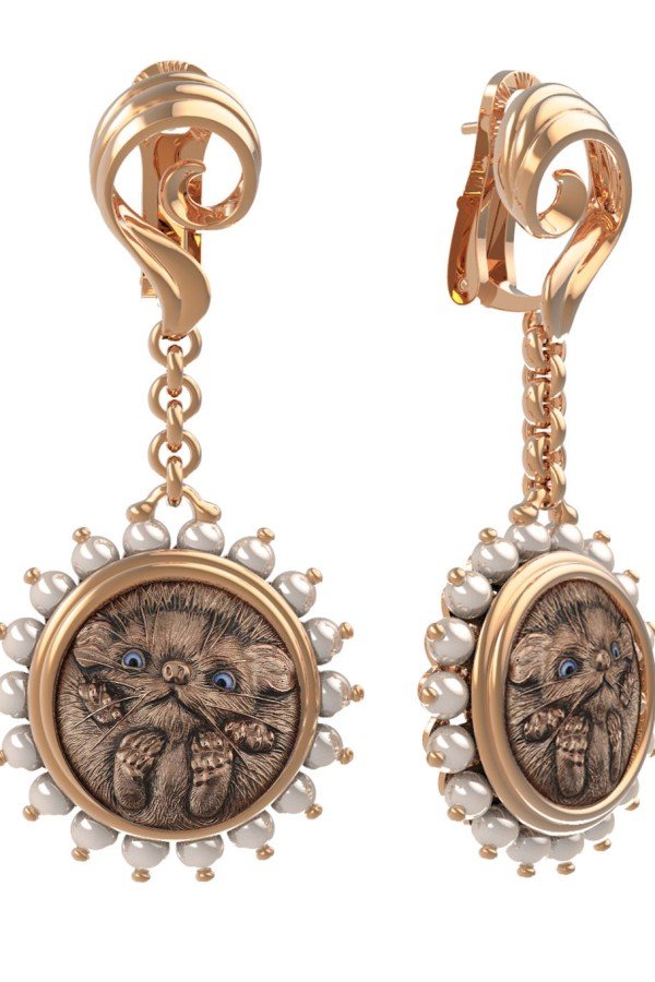 Серьги из золота 585 пробы c эмалью и жемчугом