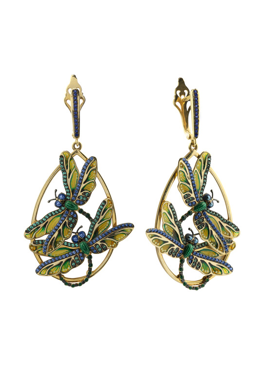 Серьги из лимонного золота c сапфиром, изумрудом и эмалью