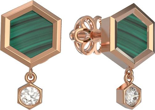 Серьги из золота c бриллиантами и малахитом