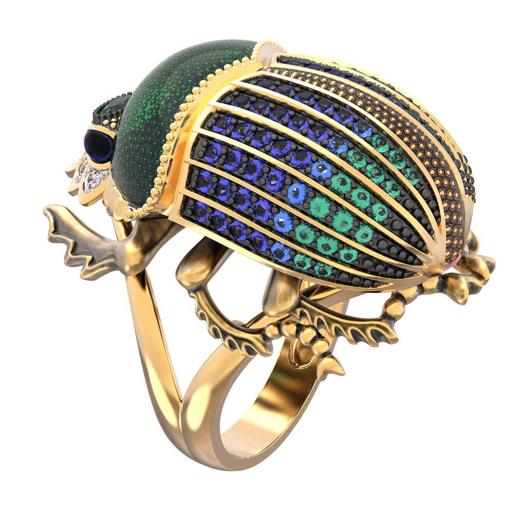 Кольцо из лимонного золота c эмаль , фианитом и турмалином