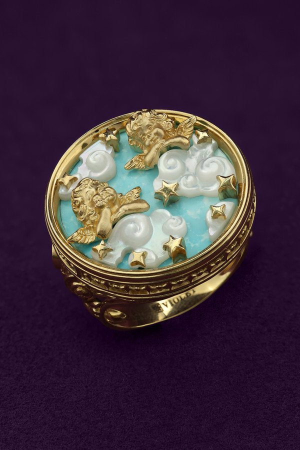 Кольцо из лимонного золота c бирюзой и перламутром