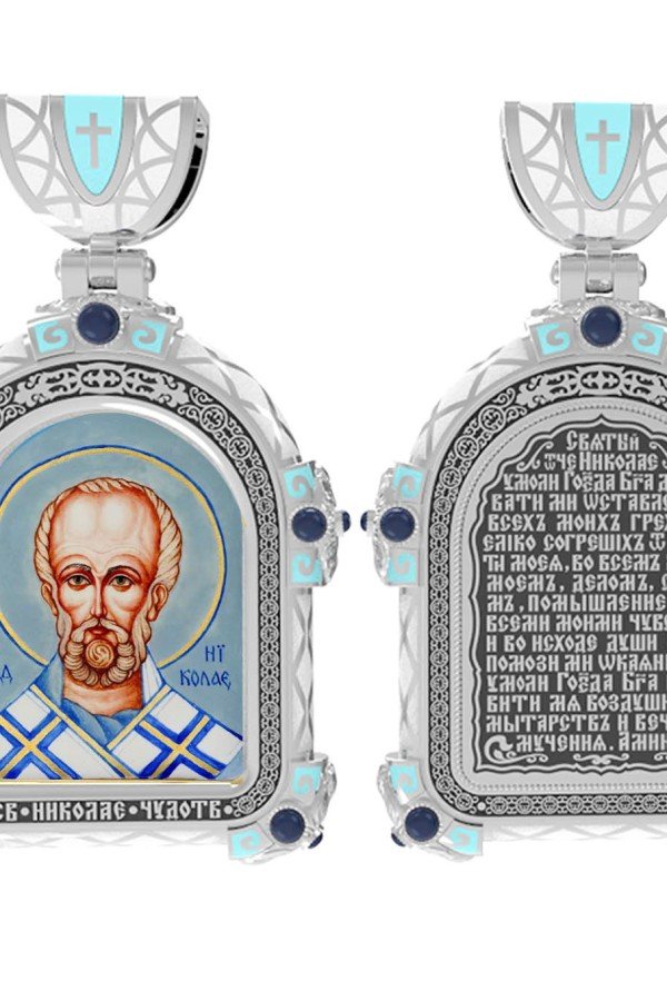 Образок из белого золота c эмаль , иконописью и темперой