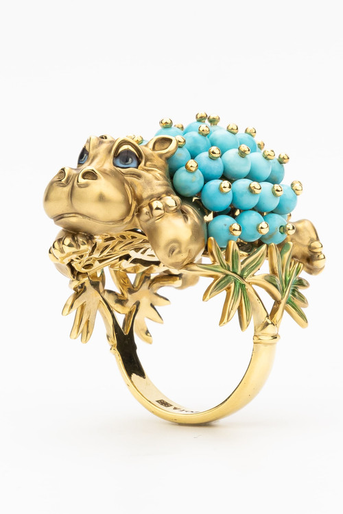 Кольцо из лимонного золота c эмаль и бирюзой