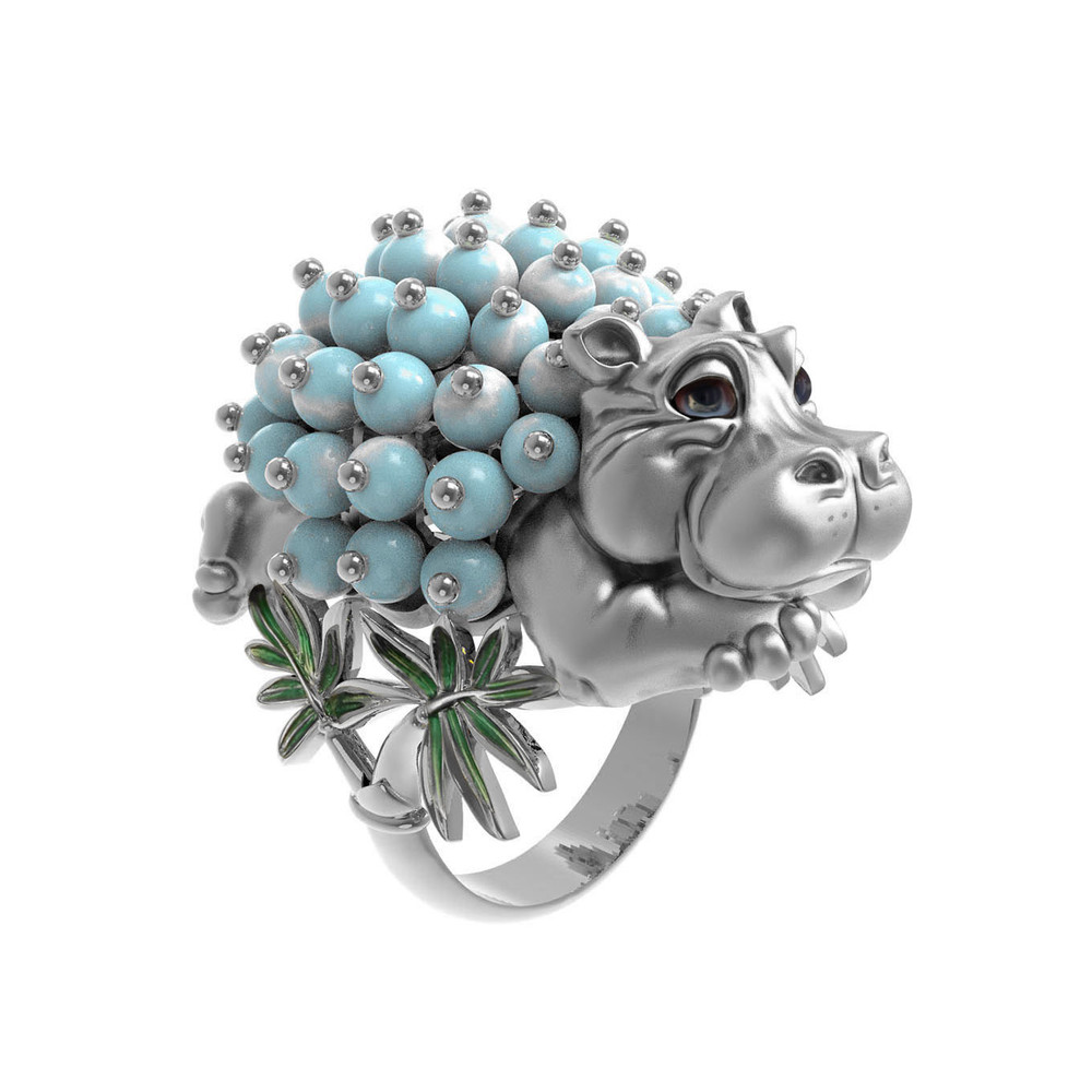 Кольцо из белого золота c эмаль и бирюзой