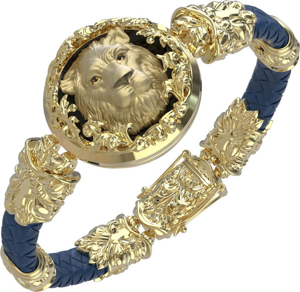 Браслет из лимонного золота c эмаль , кожаным шнурком и ониксом