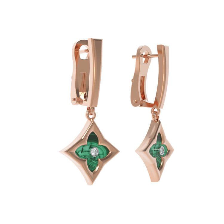 Серьги из золота c бриллиантами и малахитом