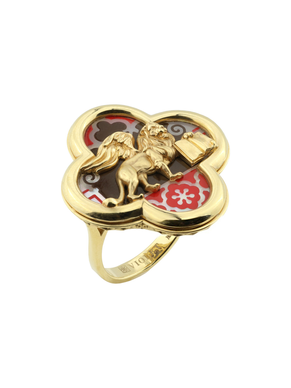 Кольцо из лимонного золота c эмаль и перламутром