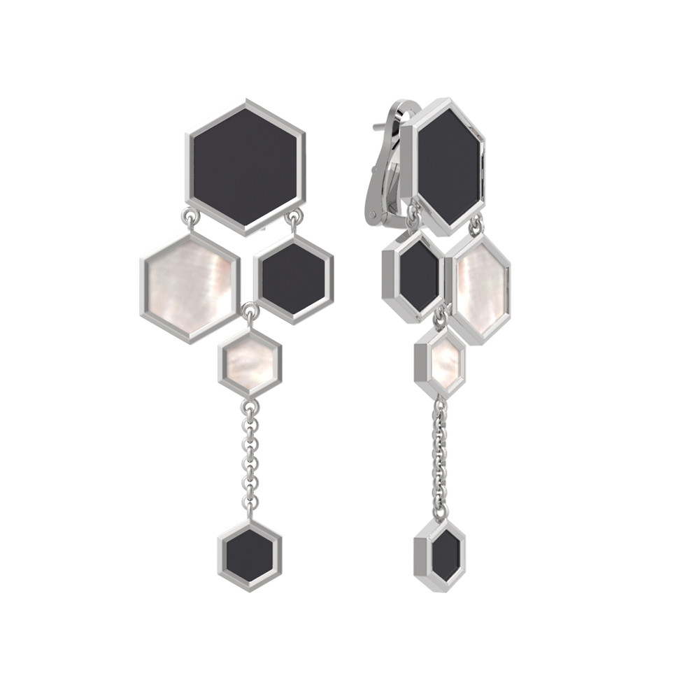 Серьги из белого золота c ониксом и перламутром