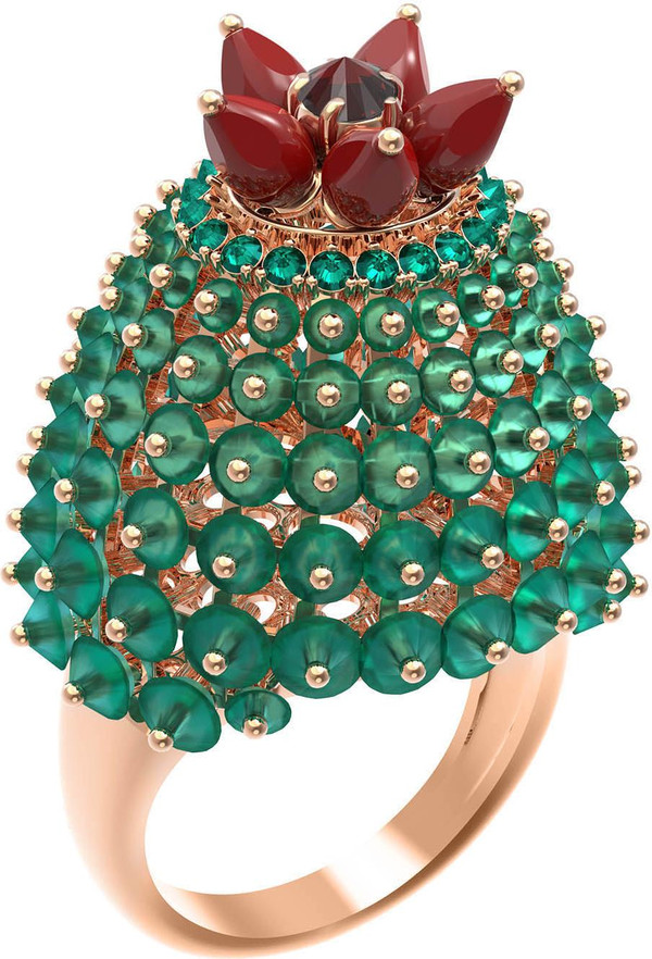 Кольцо из золота c гранатом, хризопразом, изумрудом и кораллом