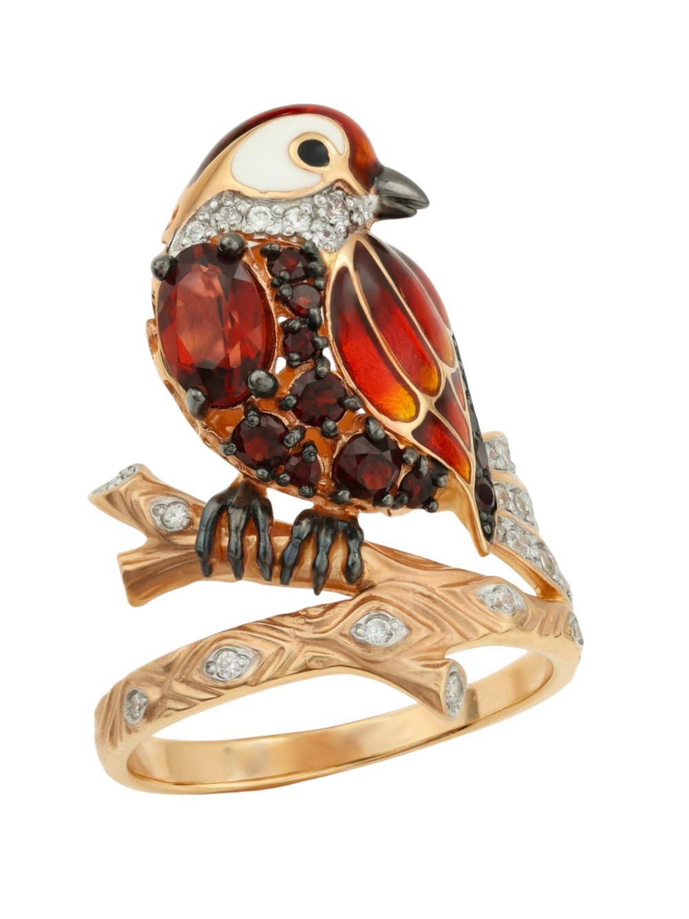 Кольцо из золота c эмаль , фианитом и гранатом