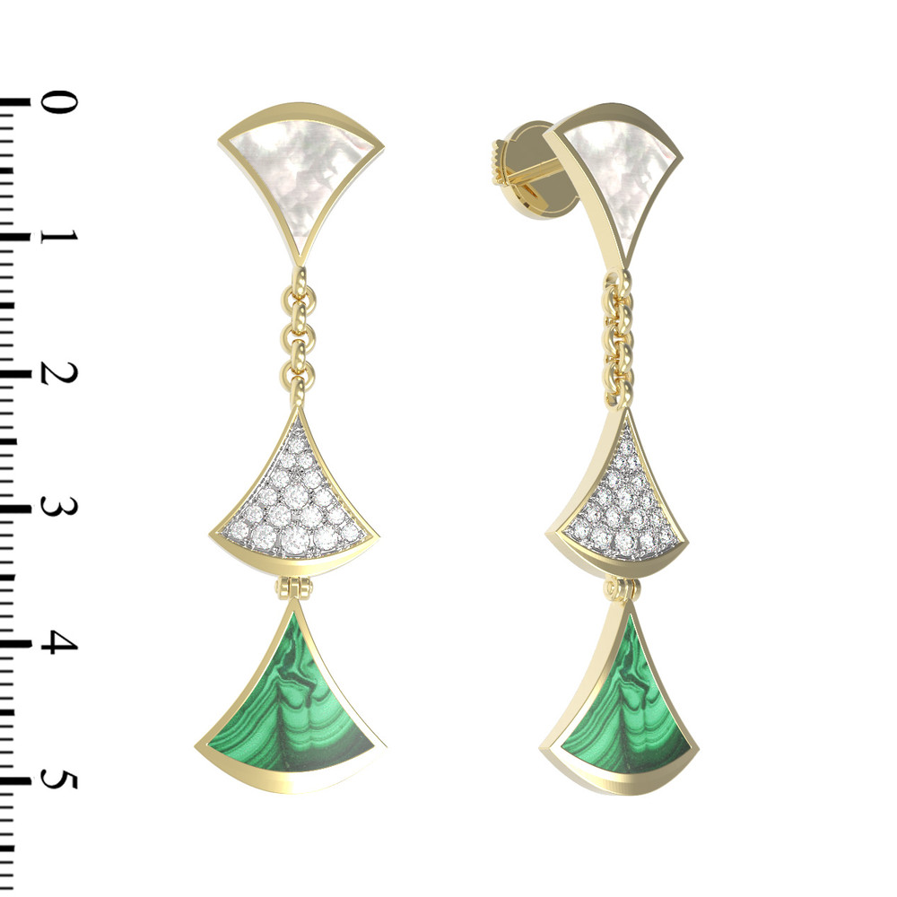 Серьги из лимонного золота c бриллиантами, малахитом и перламутром