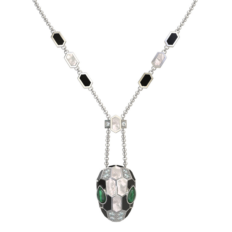 Колье из белого золота c бриллиантами, рубином, ониксом, малахитом и перламутром