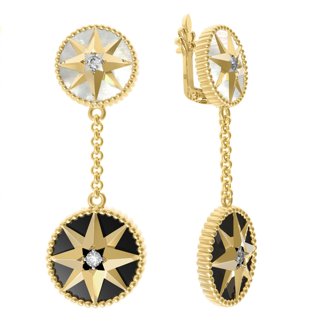 Серьги из лимонного золота c фианитом, ониксом и перламутром