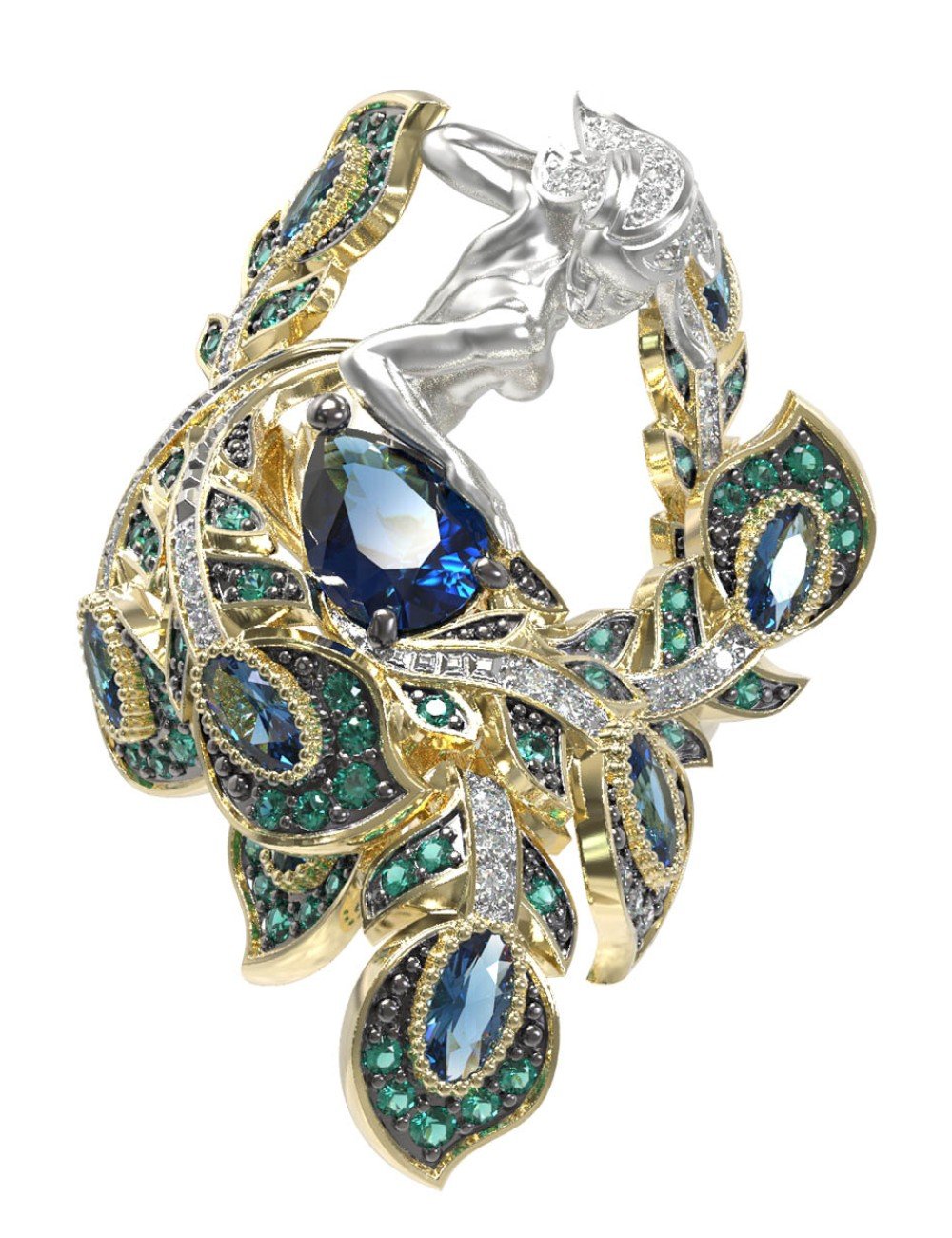 Кольцо из лимонного золота 585 пробы c фианитом и топазом London Blue