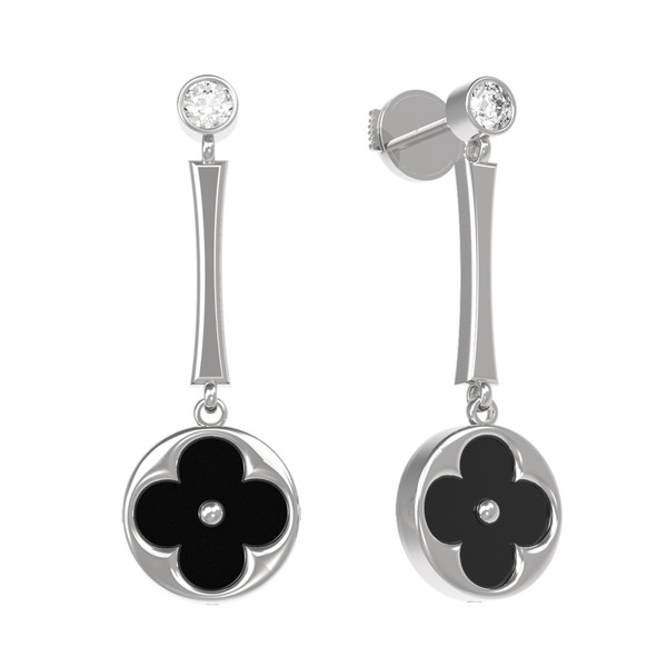 Серьги из белого золота c фианитом и ониксом