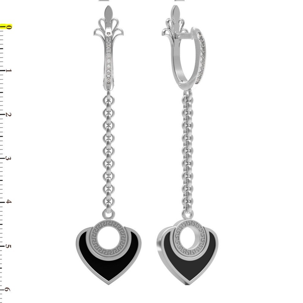 Серьги из белого золота c фианитом и ониксом