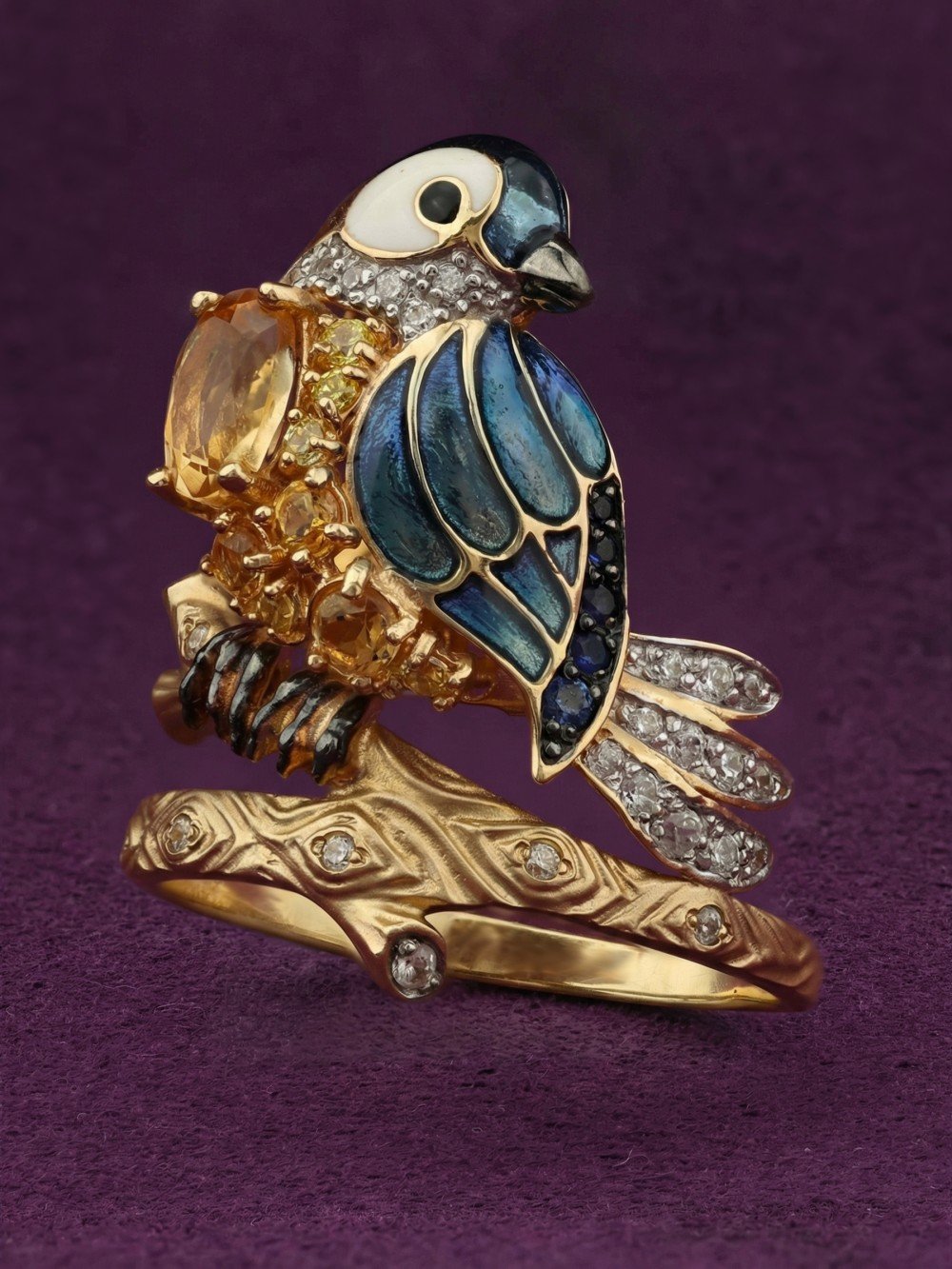 Кольцо из лимонного золота c эмаль , фианитом, цитрином и сапфиром